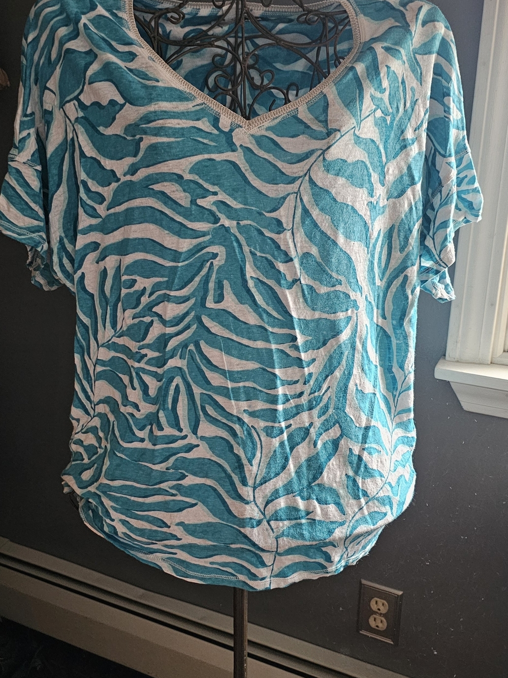 Chico's Turquoise and White Patterned Top with Metallic Trim
